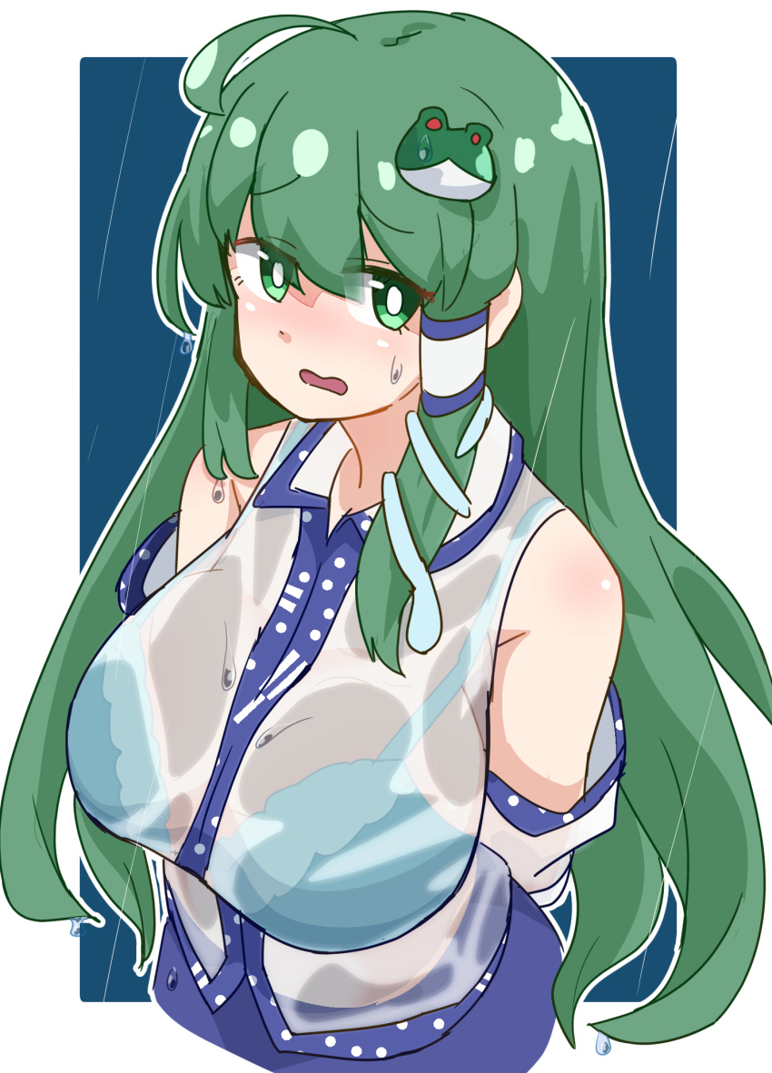1girl :3 be_yu blue_skirt bra_visible_through_clothes detached_sleeves embarrassed frog frog_hair_ornament green_eyes green_hair hair_ornament hair_tubes highres kochiya_sanae long_hair nontraditional_miko open_mouth rain see-through see-through_shirt shirt single_hair_tube skirt snake snake_hair_ornament solo sweatdrop touhou upper_body wet wet_clothes wet_shirt