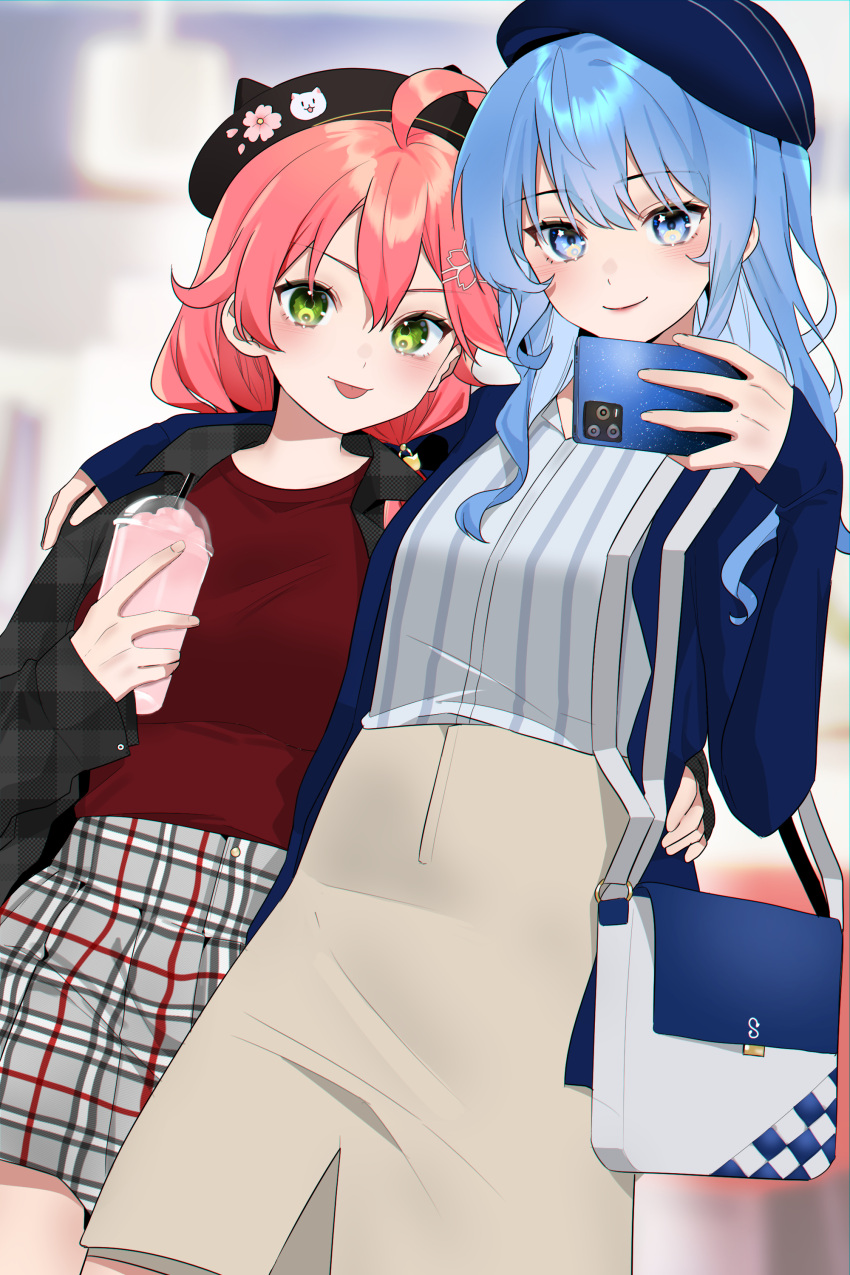 2girls :p absurdres ahoge alternate_costume arm_around_shoulder arm_around_waist bag beret black_jacket blue_eyes blue_hair blue_headwear blue_jacket blurry blurry_background blush breasts brown_skirt cellphone closed_mouth commentary couple english_commentary fake_horns feet_out_of_frame green_eyes grey_shirt grey_skirt hair_between_eyes hair_ornament hairclip handbag hat hievasp high-waist_skirt highres holding holding_phone hololive horned_headwear horns hoshimachi_suisei jacket light_blue_hair long_hair looking_at_viewer medium_breasts multiple_girls phone pink_hair plaid plaid_jacket plaid_skirt red_shirt sakura_miko selfie shirt shirt_tucked_in skirt small_breasts smartphone smile standing star_(symbol) star_in_eye striped striped_shirt symbol_in_eye tongue tongue_out vertical-striped_shirt vertical_stripes virtual_youtuber yuri