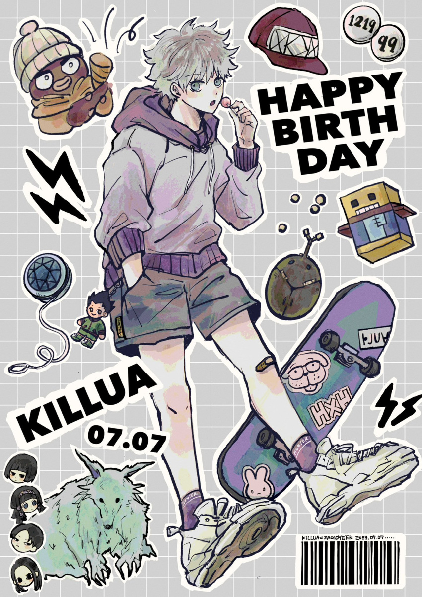 1girl 5boys alluka_zoldyck animal_print candy chibi dated food full_body gon_freecss happy_birthday highres hood hood_down hunter_x_hunter ikalgo iko_(ikooo666666) illumi_zoldyck kalluto_zoldyck keychain killua_zoldyck lollipop merchandise mike_(hunter_x_hunter) milluki_zoldyck multiple_boys octopus_boy phone rabbit_print shoes shorts skateboard sneakers socks yo-yo