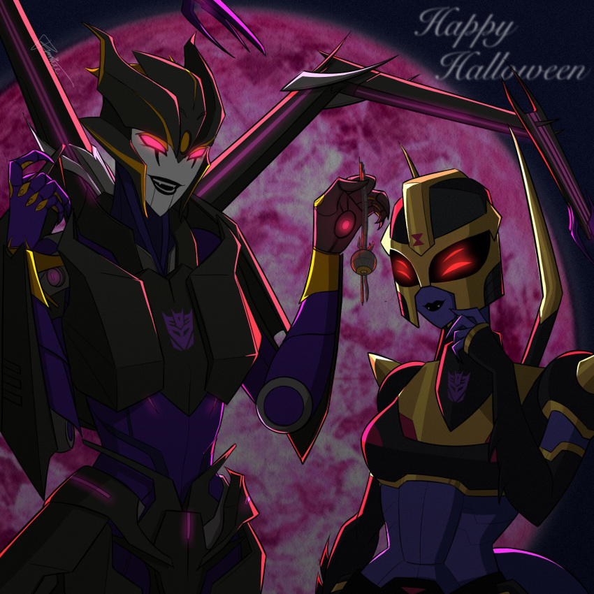 2girls airachnid black_lips blackarachnia breasts colored_skin decepticon glowing glowing_eyes happy_halloween helmet highres mecha medium_breasts multiple_girls promise_blue2 purple_skin red_eyes robot science_fiction transformers transformers_animated transformers_prime