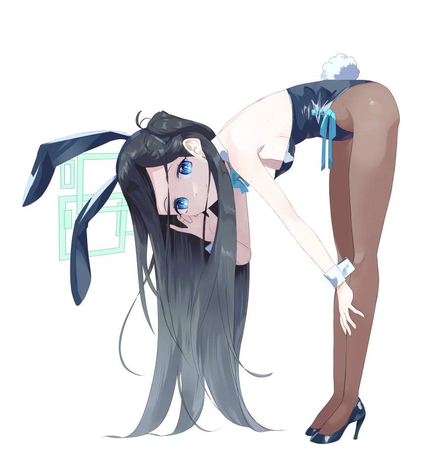 1girl absurdly_long_hair absurdres animal_ears aris_(blue_archive) bent_over black_footwear black_hair black_leotard blue_archive blue_bow blue_bowtie blue_eyes bow bowtie breasts bright_pupils brown_pantyhose detached_collar full_body halo high_heels highres leaning_forward leotard long_hair one_side_up pantyhose playboy_bunny rabbit_ears rabbit_tail ringed_eyes ryeon_(bluetom1) simple_background small_breasts solo standing tail very_long_hair white_background white_pupils wrist_cuffs