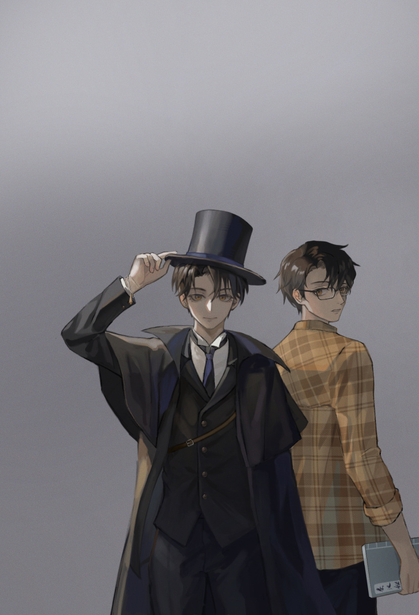 2boys adjusting_clothes adjusting_headwear black_coat black_hair black_headwear black_jacket black_necktie black_pants book brown_eyes coat glasses grey_background hat highres holding holding_book jacket klein_moretti looking_at_viewer looking_back lord_of_the_mysteries maikelaien multiple_boys necktie pants parted_lips pendulum shaded_face shirt short_hair simple_background smile teeth top_hat white_shirt