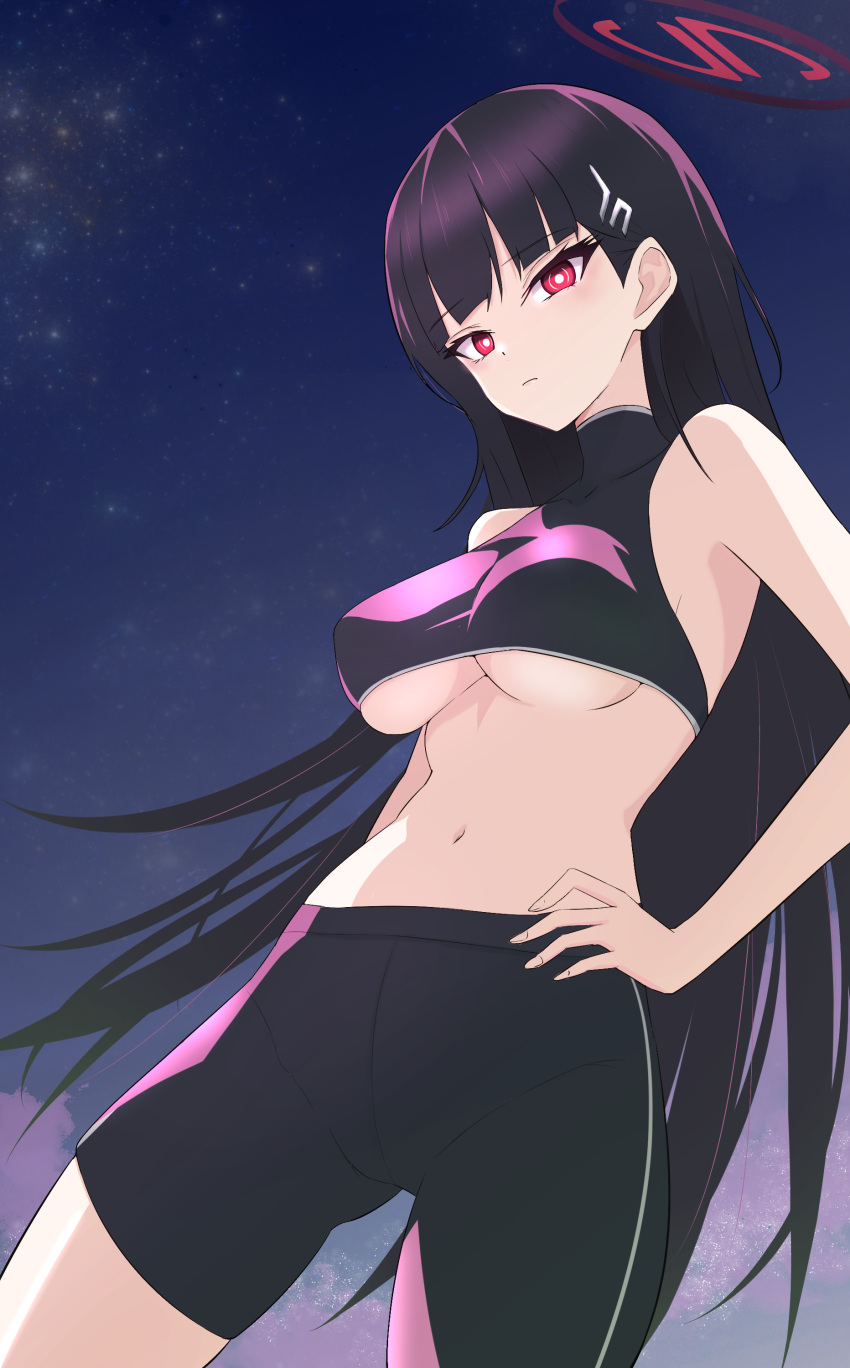 1girl absurdres alternate_costume bike_shorts black_hair black_shorts black_sports_bra blue_archive breasts bright_pupils closed_mouth cowboy_shot hair_ornament hairpin halo hand_on_own_hip highres large_breasts long_hair looking_at_viewer red_eyes red_halo revision rio_(blue_archive) ryokuchabushi shorts solo sports_bra underboob white_pupils