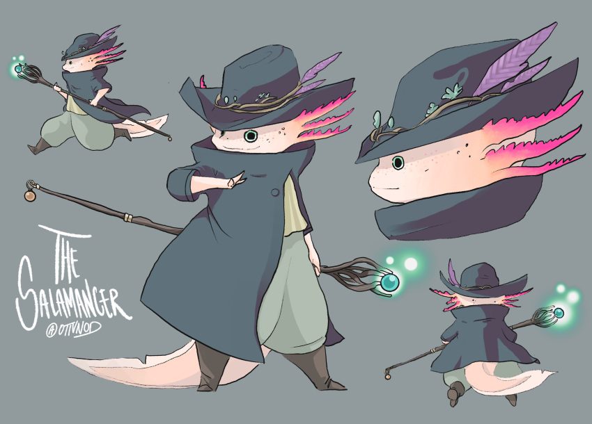aqua_eyes artist_name axolotl back black_headwear boots brown_footwear closed_mouth from_behind full_body glowing grey_background hat highres holding holding_staff long_sleeves magic multiple_views otivnod signature simple_background smile staff standing wide_sleeves witch_hat