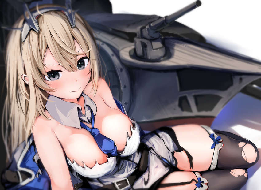 1girl absurdres anti-aircraft anti-aircraft_gun between_breasts black_thighhighs blue_eyes blue_necktie breasts capelet detached_collar dress grey_dress hair_down headgear highres kantai_collection large_breasts light_brown_hair long_hair low_twintails maryland_(kancolle) mok4suke necktie necktie_between_breasts rigging sleeveless solo strapless strapless_dress thighhighs torn_capelet torn_clothes torn_dress torn_thighhighs twintails