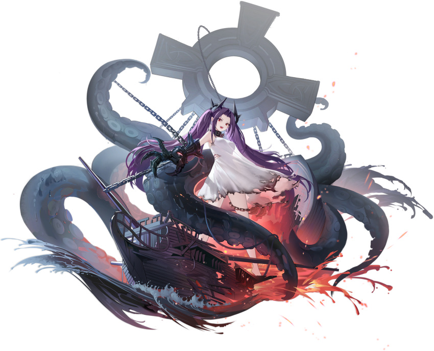 1girl adventure_galley_(azur_lane) anchor armpits artist_request azur_lane bare_legs bare_shoulders barefoot blurry breasts broken broken_chain chain chained collar depth_of_field dress fire full_body gauntlets hair_ornament highres long_hair looking_at_viewer medium_breasts metal_collar molten_rock night official_art open_mouth parted_bangs purple_hair red_eyes rigging ship sidelocks sleeveless sleeveless_dress solo standing teeth tentacles torn_clothes torn_dress twintails very_long_hair water watercraft white_dress