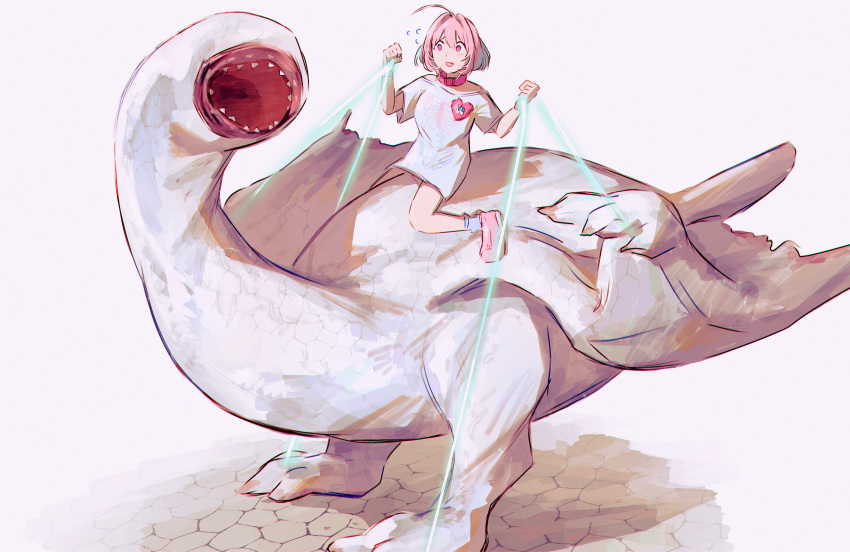 1girl absurdres ahoge arms_up bare_shoulders collar crossover empty_eyes fang flying_sweatdrops hair_between_eyes hamachamu heart highres idolmaster idolmaster_cinderella_girls monster_hunter_(series) no_pants open_mouth pink_collar pink_eyes pink_footwear pink_hair riding shirt short_hair short_sleeves sitting skeleton_print skin_fang socks white_shirt wristband yumemi_riamu