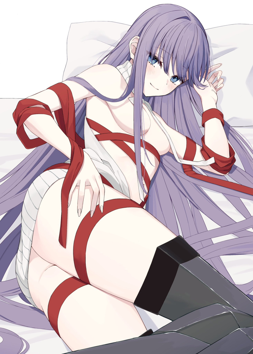 1girl ass backwards_virgin_killer_sweater bare_shoulders blue_eyes blush breasts dress fate/grand_order fate_(series) highres kake_udon long_hair looking_at_viewer meltryllis_(fate) meltryllis_(swimsuit_lancer)_(fate) meme_attire prosthesis prosthetic_leg purple_hair small_breasts smile solo sweater sweater_dress thighs turtleneck turtleneck_sweater very_long_hair virgin_killer_sweater white_sweater