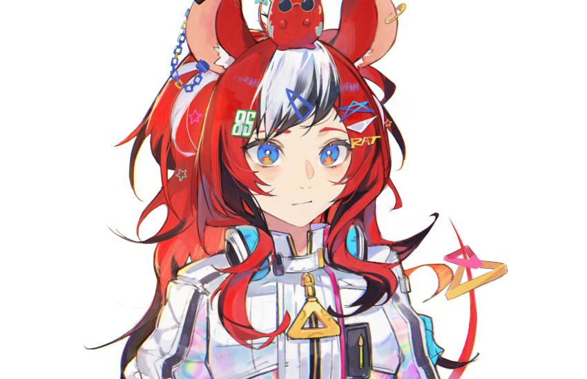 1girl absurdres animal_ears animal_on_head black_hair cropped_jacket hair_ornament hairpin hakos_baelz hakos_baelz_(2nd_costume) headphones headphones_around_neck highres hololive hololive_english jacket long_hair looking_at_viewer lucadark_art mouse_ears mouse_girl mouse_tail mr._squeaks_(hakos_baelz) multicolored_eyes multicolored_hair official_alternate_costume official_alternate_hairstyle on_head puffy_sleeves red_hair star_(symbol) star_hair_ornament streaked_hair tail virtual_youtuber white_background white_hair white_jacket