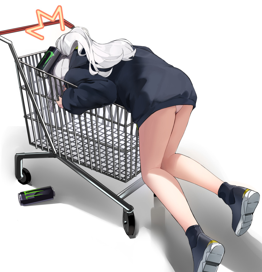 1girl ^^^ absurdres ass bare_legs black_footwear blue_archive can commentary_request energy_drink grey_hair hare_(blue_archive) highres hood hoodie in_shopping_cart long_hair long_sleeves monster_energy panties pomegranate_nana ponytail shopping_cart simple_background soda_can solo underwear white_background white_panties