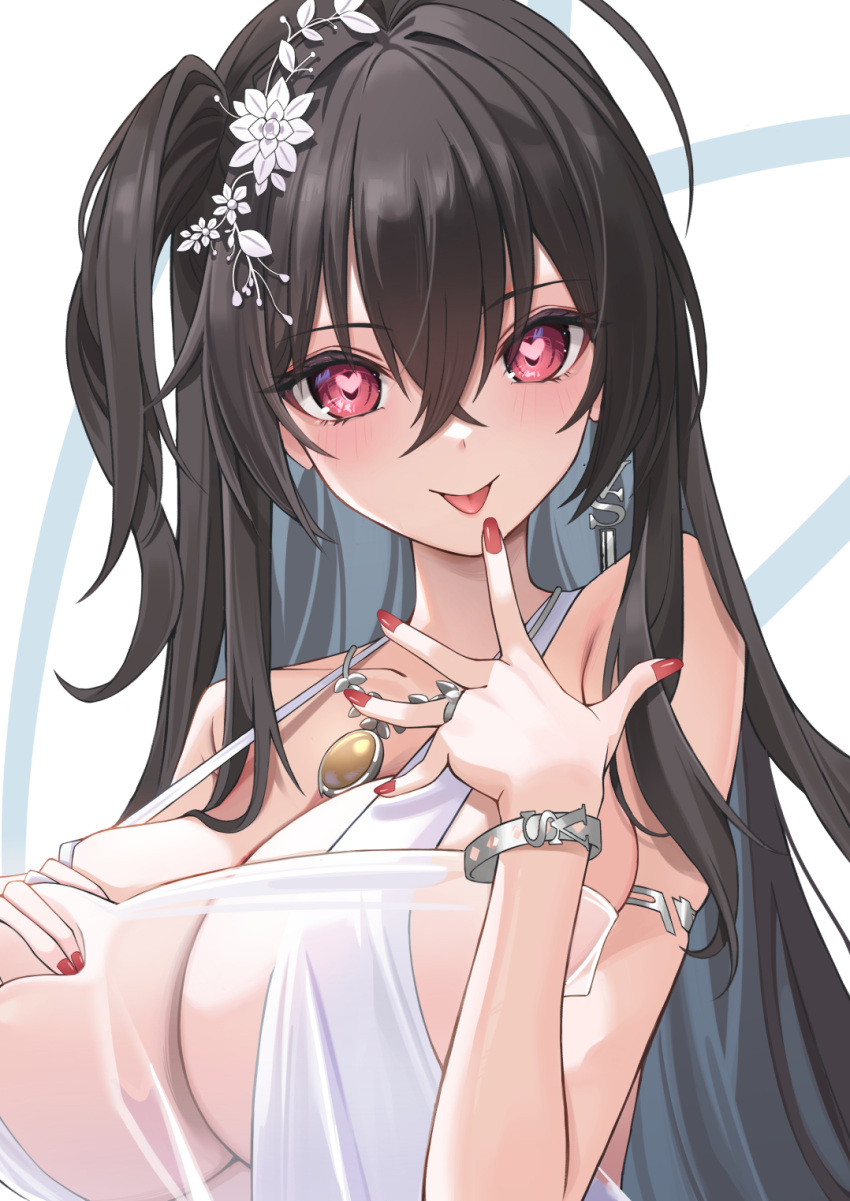 1girl :p alternate_costume armlet azur_lane bare_shoulders black_hair blush bracelet breasts cleavage collarbone crossed_bangs duplicate fingernails flower hair_between_eyes hair_flower hair_ornament hand_on_own_chest head_tilt heart heart-shaped_pupils highres jewelry large_breasts looking_at_viewer nail_polish pink_eyes pixel-perfect_duplicate red_nails see-through side_ponytail soar_sora222 solo symbol-shaped_pupils taihou_(azur_lane) tongue tongue_out upper_body