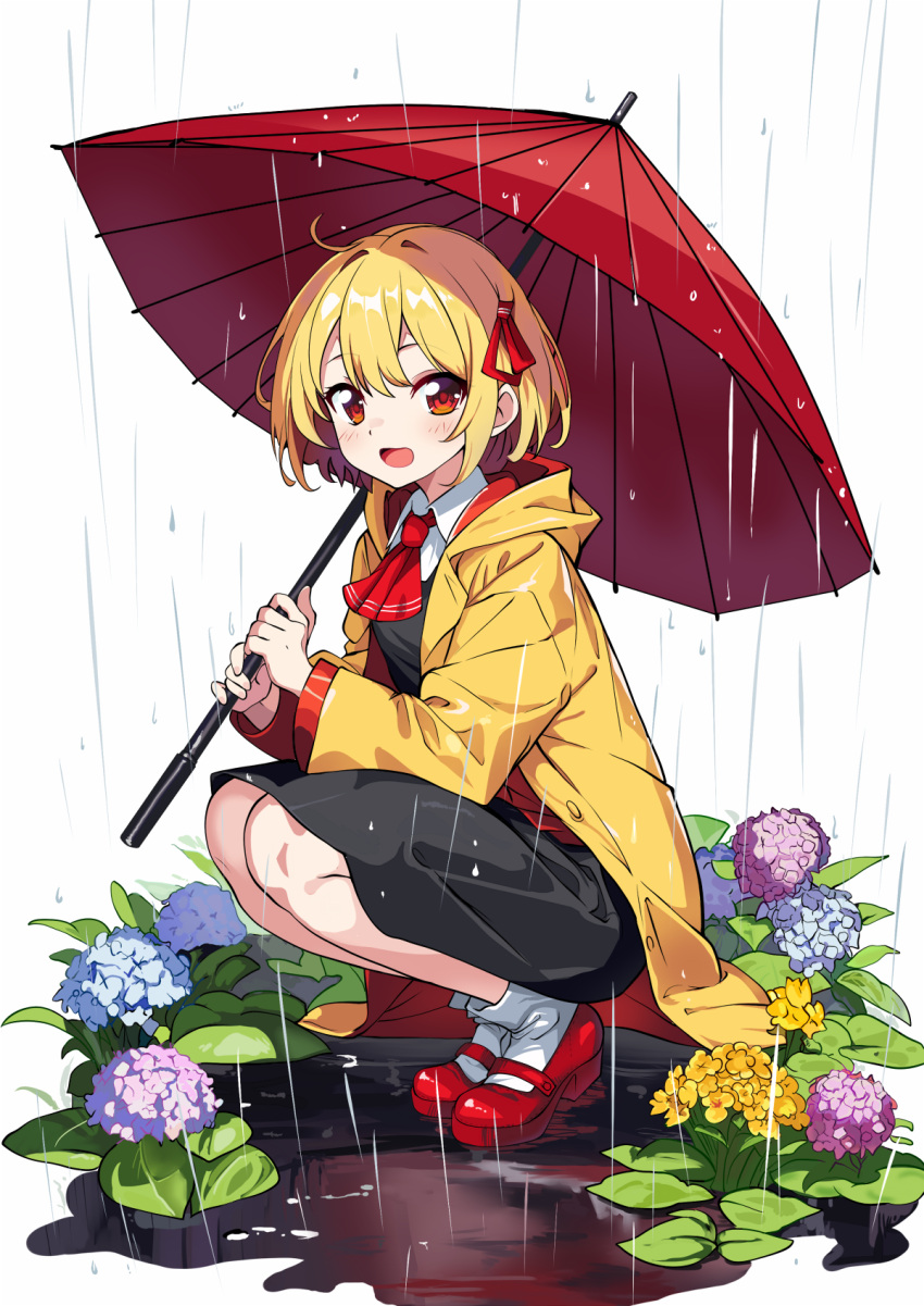 1girl ascot blonde_hair flower full_body hair_ribbon high_heels highres holding holding_umbrella hydrangea jacket leaf looking_at_viewer open_mouth red_ascot red_eyes red_ribbon red_socks red_umbrella ribbon rumia short_hair simple_background sitting socks solo squatting touhou umbrella white_background yabu_q yellow_jacket