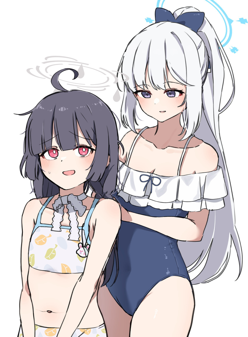 2girls absurdres adjusting_another's_hair ahoge ao12073010 bare_shoulders bikini black_hair blue_archive blue_eyes blue_one-piece_swimsuit blunt_bangs blush braid breasts choker cleavage commentary_request cowboy_shot flat_chest frilled_one-piece_swimsuit frills highres lace-trimmed_ribbon lace_trim leaf_print long_hair miyako_(blue_archive) miyako_(swimsuit)_(blue_archive) miyu_(swimsuit)_(blue_archive) multiple_girls navel off-shoulder_one-piece_swimsuit off_shoulder official_alternate_costume one-piece_swimsuit open_mouth parted_lips ponytail red_eyes ribbon ribbon_choker sidelocks simple_background spaghetti_strap standing stomach sweatdrop swimsuit twin_braids very_long_hair white_background white_bikini white_hair