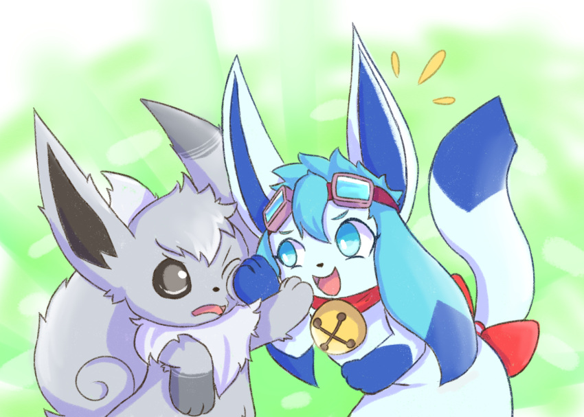 2019 3_fingers ambiguous_gender bell bell_collar black_nose blue_body blue_eyes blue_fur blue_hair bow_ribbon cel_(glaceon) collar cute_expression duo eevee eeveelution eyewear eyewear_on_head female feral fingers fur generation_1_pokemon generation_4_pokemon glaceon goggles goggles_on_head grey_body grey_eyes grey_fur hair half-closed_eyes half-length_portrait hand_on_cheek narrowed_eyes nintendo open_mouth paws playing pokemon pokemon_(species) portrait pushing simple_background tongue unknownlifeform