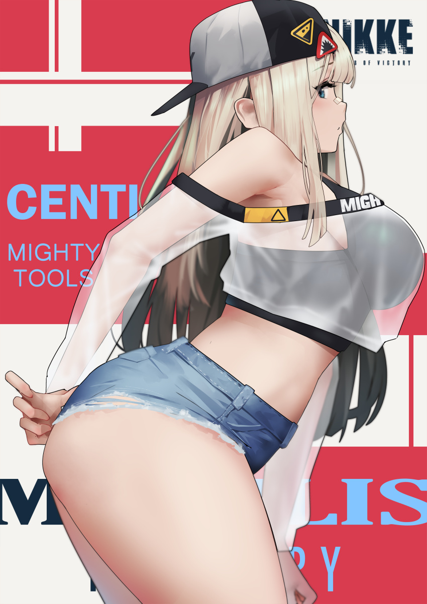 1girl absurdres ass bare_shoulders black_shirt black_tank_top blonde_hair blue_eyes blush breasts centi_(nikke) centi_(supreme_holiday)_(nikke) character_name denim denim_shorts gloomyowl goddess_of_victory:_nikke hat highres jacket long_hair long_sleeves looking_at_viewer midriff off_shoulder pants see-through see-through_jacket shirt short_shorts shorts solo standing tank_top tight tight_pants