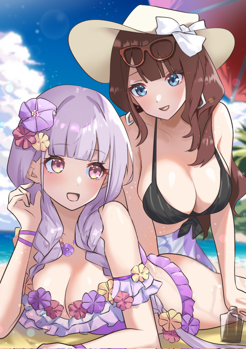 2girls all_fours applying_sunscreen arm_garter arm_support ass assault_lily bare_arms bare_shoulders beach beach_towel bikini black_bikini blue_eyes blue_sky blunt_bangs blurry blurry_background bottle bow braid breasts brown_hair brown_headwear cleavage cloud commentary_request cumulonimbus_cloud day earrings eyewear_on_head floral_print flower flower_necklace frilled_bikini frills front-tie_bikini_top front-tie_top hair_flower hair_ornament halterneck hand_up hat hat_bow highres hitotsuyanagi_yuri houji_tea_latte jewelry kaede_johan_nouvel large_breasts lens_flare light_particles looking_at_another looking_down looking_to_the_side looking_up lotion low_twin_braids low_twintails lying multiple_girls ocean official_alternate_costume on_ground on_stomach open_mouth outdoors palm_tree parasol parted_lips pink_eyes print_sarong purple_bikini purple_flower red-framed_eyewear red_flower sarong sideways_glance sky smile sun_hat sunglasses sunscreen swimsuit towel tree twin_braids twintails umbrella white_bow white_sarong wristband yellow_flower