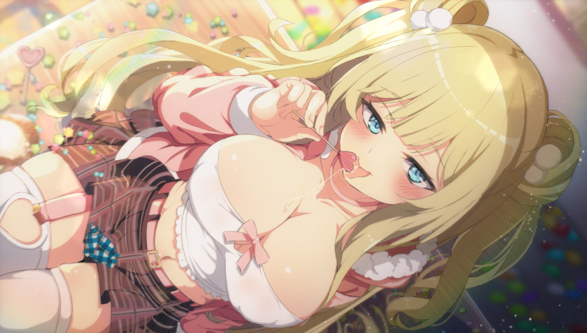 1girl belt black_skirt blonde_hair blue_eyes blunt_bangs blurry blurry_background blush breasts candy cleavage coat collarbone commentary_request commission double_bun food hair_bun halter_shirt halterneck heart heart_lollipop highres indoors large_breasts licking lollipop long_hair long_sleeves looking_at_viewer navel on_bed original pink_coat saliva saliva_trail shaped_lollipop shiro9jira shirt sitting skeb_commission skirt thighhighs tongue tongue_out twintails white_shirt white_thighhighs zettai_ryouiki