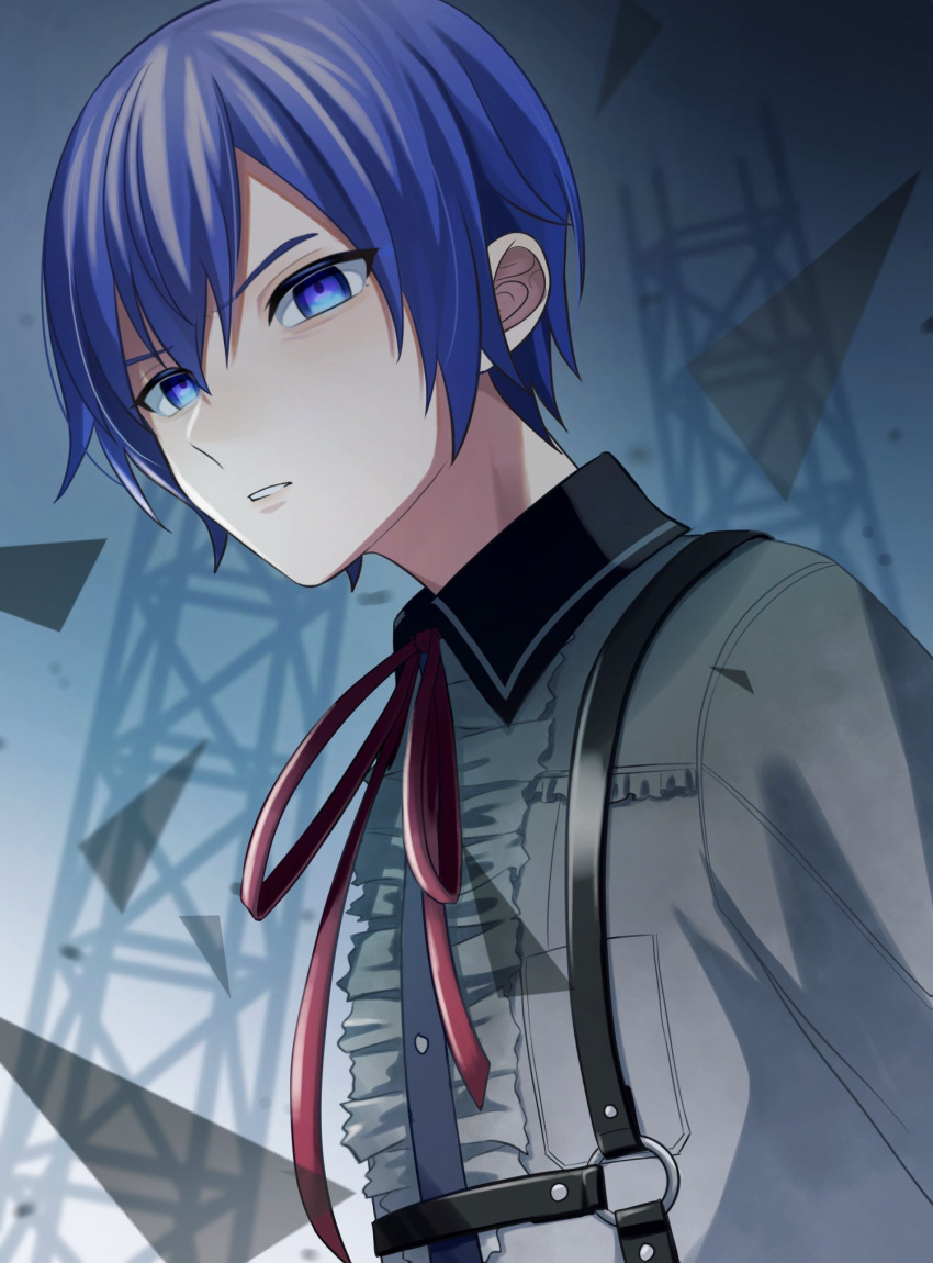 1boy 25-ji_kaito 25-ji_nightcord_de._(project_sekai) blue_eyes blue_hair collared_shirt commentary dark_blue_hair harness highres kaito_(vocaloid) looking_at_viewer male_focus neck_ribbon project_sekai red_ribbon ribbon shirt short_hair solo triangle upper_body yk62