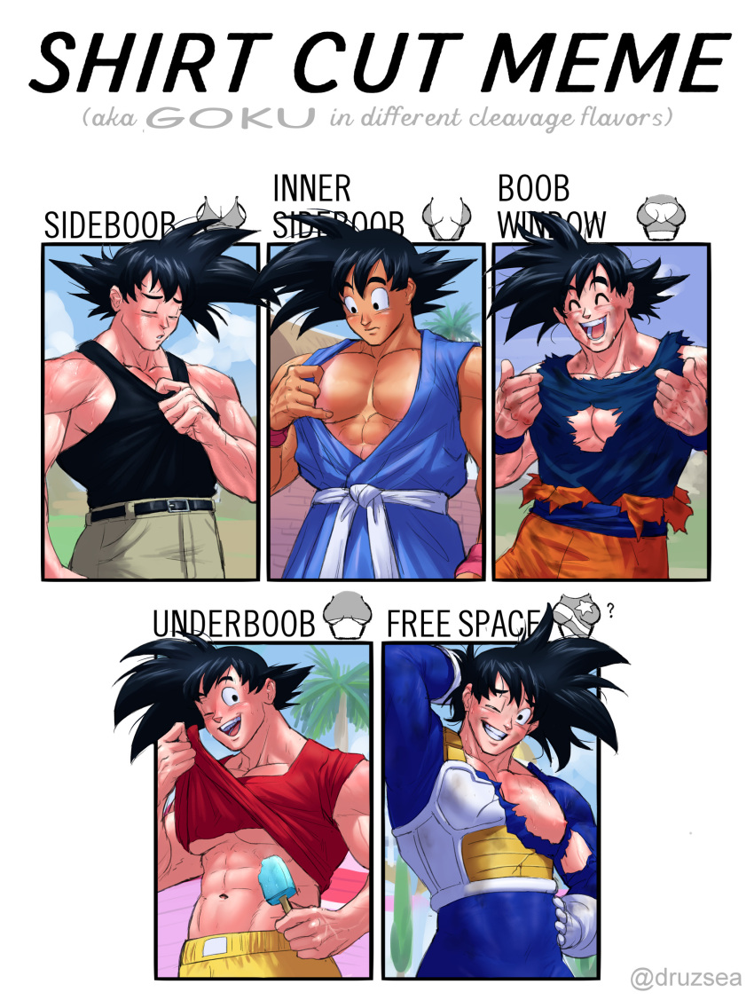 1boy ;d abs absurdres arm_behind_head armor bara belt black_belt black_hair black_tank_top blue_bodysuit bodysuit broken_armor brown_pants carless_(ppanic) chest_armor closed_eyes closed_mouth clothes_lift dougi dragon_ball dragon_ball_gt dragon_ball_z english_text food gloves grin hand_up highres holding holding_food large_pectorals lifted_by_self male_focus martial_arts_belt meme multiple_drawing_challenge muscular muscular_male navel nipples one_eye_closed open_mouth pants pectorals popsicle red_shirt saiyan_armor shirt shirt_cut_meme shirt_lift short_hair sidepec smile son_goku spiked_hair tank_top teeth torn_bodysuit torn_clothes twitter_username underpec white_gloves wristband