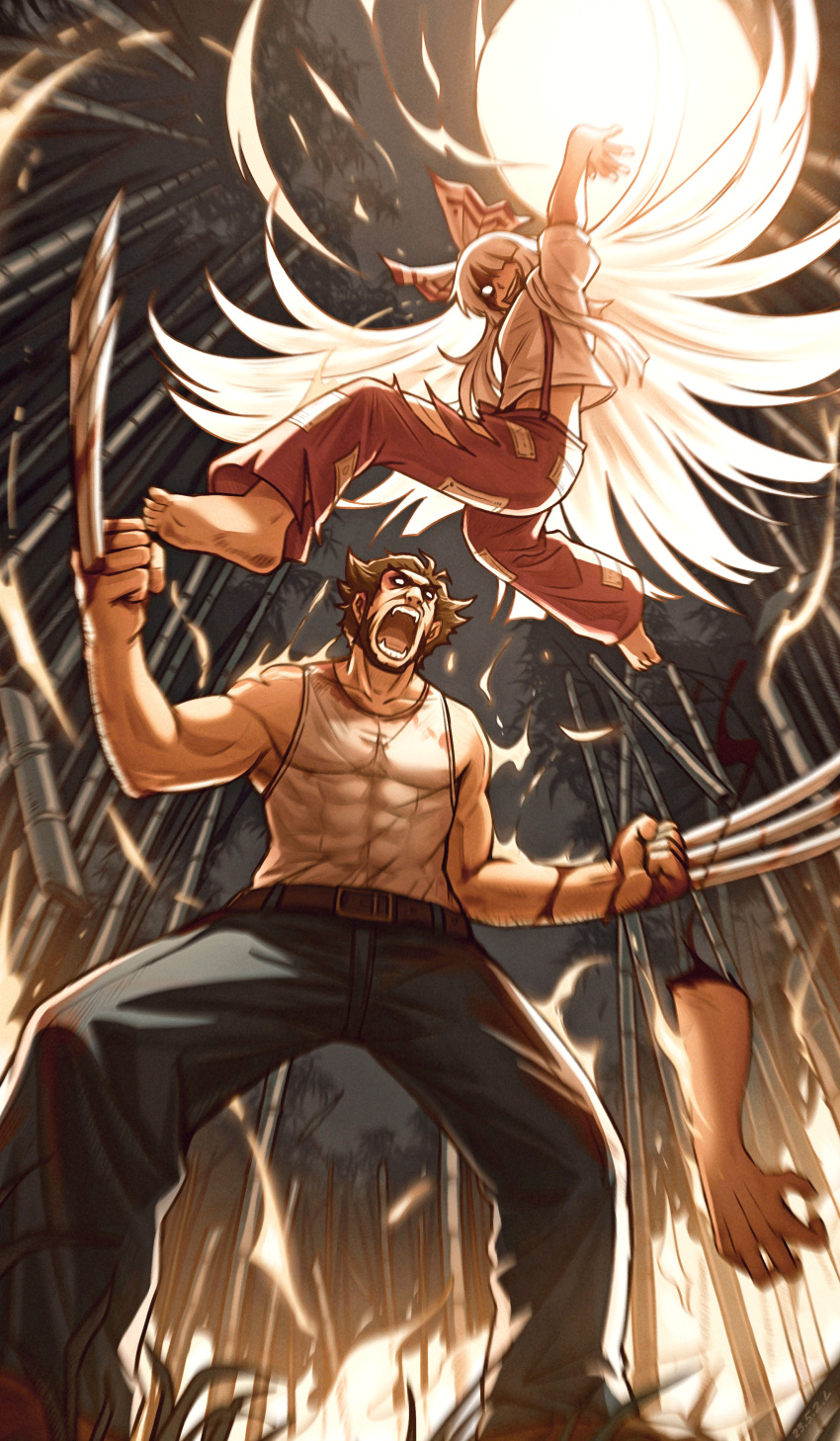 1boy 1girl absurdres angry arm_up arms_at_sides bamboo bamboo_forest barefoot battle belt blood blue_pants bow brown_hair burning claw_(weapon) claws clenched_hands crossover dated duel eyes_in_shadow fangs fire fireball forest from_below fujiwara_no_mokou furious glowing glowing_hair grass hair_bow hair_over_one_eye hair_spread_out highres marvel midriff_peek mixed_gender_duel muscular muscular_male nature no_pupils ofuda ofuda_on_clothes one_eye_covered open_mouth outdoors outstretched_arm outstretched_hand pants pyrokinesis red_pants royl severed_limb shaded_face shirt shirt_tucked_in short_sleeves shouting sleeveless sleeveless_shirt smile solid_circle_eyes spread_fingers superhero suspenders teeth torn_clothes torn_pants touhou trait_connection undershirt weapon white_hair white_shirt wildfire wolverine x-men