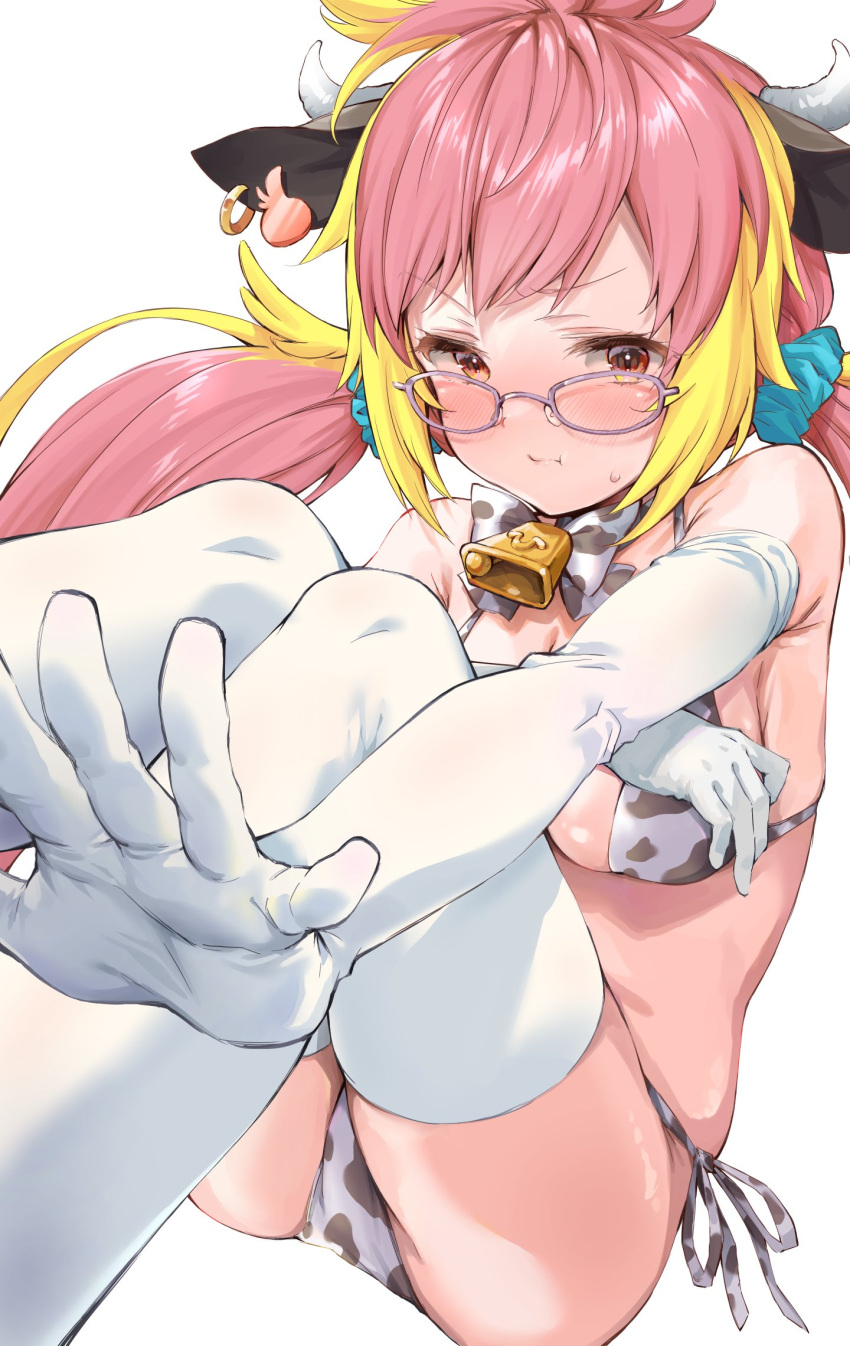 1girl :i animal_ears animal_print animare bell bikini blonde_hair blue_scrunchie blush bow bowtie breasts brown_eyes chinese_zodiac closed_mouth cow_ears cow_horns cow_print cowbell elbow_gloves feet_out_of_frame glasses gloves hair_ornament hair_scrunchie highres hira_hikari horns large_breasts long_hair looking_at_viewer low_twintails medium_bangs multicolored_hair nanashi_inc. neck_bell pink_hair print_bikini print_bow print_bowtie purple-framed_eyewear reaching reaching_towards_viewer scrunchie shirana_tamana simple_background solo swimsuit twintails two-tone_hair virtual_youtuber white_background white_gloves white_horns year_of_the_ox