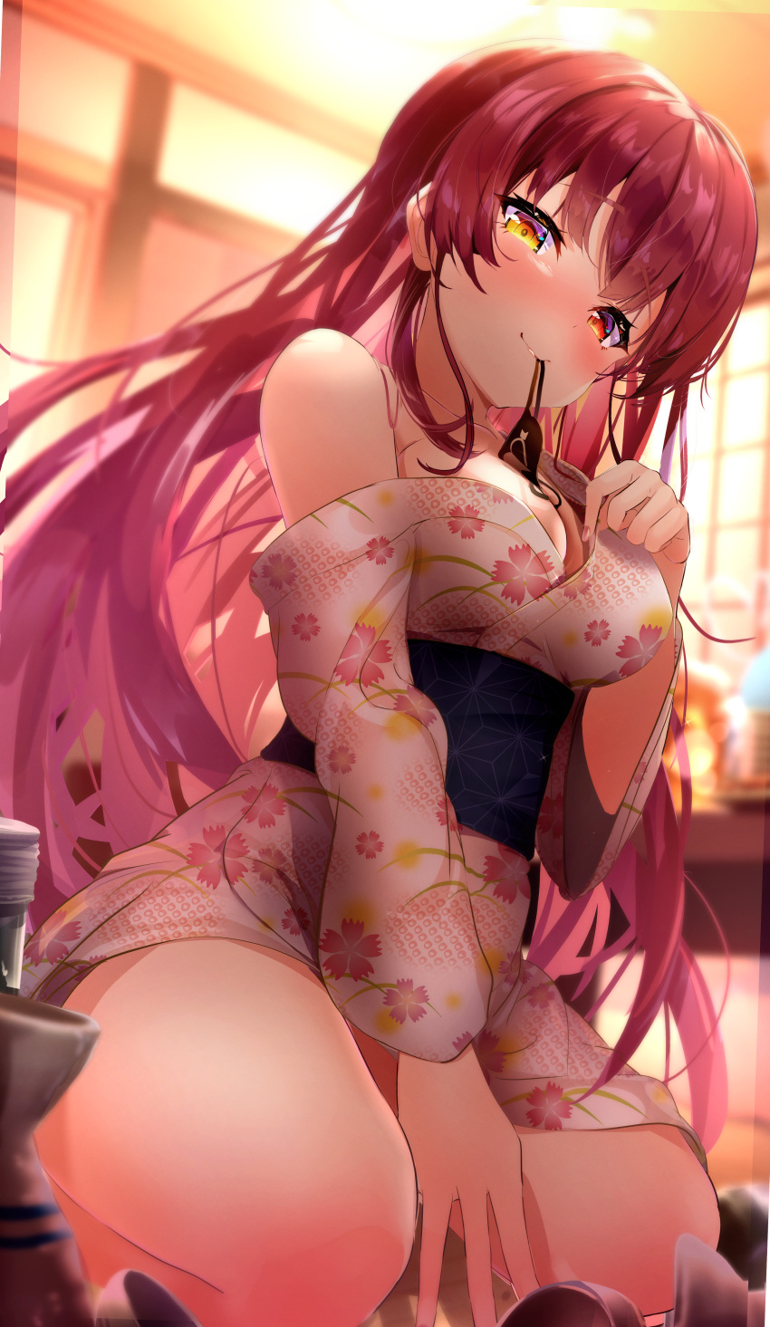 1girl absurdres blush breasts cleavage colored_inner_hair eyepatch floral_print hai_0013 heterochromia highres hololive houshou_marine japanese_clothes kimono large_breasts long_hair mouth_hold multicolored_hair nail_polish pink_hair pink_kimono pink_nails red_eyes red_hair smile solo unworn_eyepatch virtual_youtuber yellow_eyes yukata