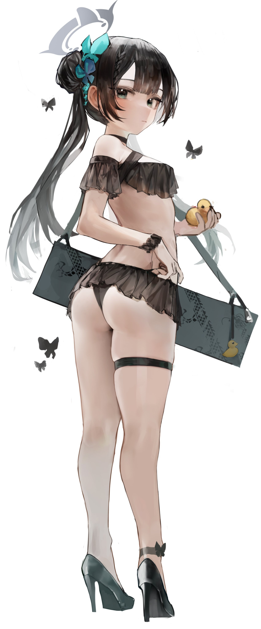 1girl absurdres alternate_costume ass bare_legs bikini black_bikini black_butterfly black_choker black_eyes black_footwear black_hair blue_archive bug butterfly butterfly_hair_ornament choker closed_mouth commentary expressionless frilled_bikini frills from_behind full_body hair_bun hair_ornament halo high_heels highres holding kisaki_(blue_archive) long_hair looking_at_viewer looking_back off-shoulder_bikini off_shoulder rubber_duck scrunchie simple_background single_side_bun solo standing swimsuit thigh_strap twisted_torso white_background wrist_scrunchie yonchan