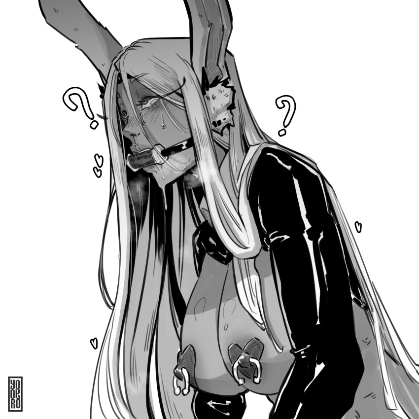 &lt;3 2023 absurd_res animal_humanoid big_breasts bit_gag blush bodily_fluids breasts clothing drooling female gag gagged greyscale hair heart_pasties hi_res humanoid ineffective_clothing lagomorph lagomorph_humanoid latex latex_topwear leporid_humanoid long_hair mammal mammal_humanoid miruko monochrome my_hero_academia nipple_piercing nipples pasties piercing question_mark rabbit_ears rabbit_humanoid saliva simple_background solo sweat white_background yoyoro