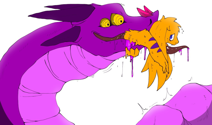 4_eyes abdominal_bulge ambiguous_gender anthro big_ears bodily_fluids digital_media_(artwork) dracon_(misoden) dragon dripping drooling duo fur horn mammal misoden_(artist) multi_eye neck_bulge on_tongue open_mouth oral_vore partially_inside purple_body purple_horn purple_saliva saliva saliva_drip salivating sapla_(character) simple_background size_difference smile swallowing tongue tongue_out unusual_bodily_fluids unusual_saliva vore yellow_body yellow_eyes