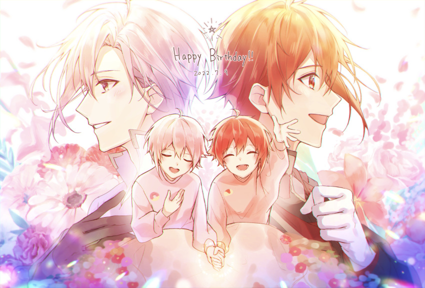 2022 2boys absurdres aged_down black_gloves brothers coat dated flower gloves happy_birthday highres holding_hands idolish7 jacket kujou_tenn long_sleeves male_child multiple_boys nanase_riku necktie pink_eyes pink_flower pink_hair pink_shirt purple_shirt red_eyes red_flower red_hair runaruna1444 shirt short_hair siblings star_(symbol) twins white_coat white_gloves white_jacket white_necktie