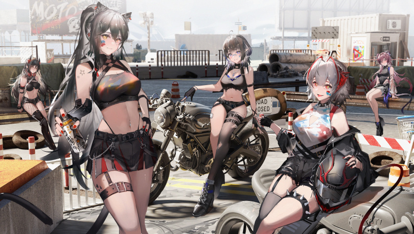 5girls absurdres alternate_costume animal_ears arknights billboard black_hair blue_eyes breasts cat_ears character_request check_character cleavage_cutout clothing_cutout crop_top demon_girl demon_tail eunectes_(arknights) fingerless_gloves gloves grey_hair helmet highres holding holding_helmet ines_(arknights) jewelry large_breasts ling_(arknights) lizard_tail long_hair midriff miniskirt mkt_(pixiv15187870) motor_vehicle motorcycle mouse_ears multiple_girls necklace outdoors paint_on_clothes pointy_ears ponytail purple_hair red_eyes schwarz_(arknights) shirt short_hair short_shorts shorts sitting skindentation skirt sleeveless sleeveless_shirt stomach tail thigh_strap torn_clothes torn_shirt w_(arknights) yellow_eyes