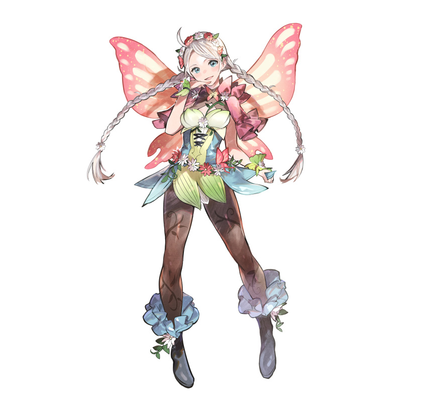 1girl ahoge alternate_costume blue_eyes boots braid breasts capelet commentary_request dress fairy_wings fire_emblem fire_emblem_fates fire_emblem_heroes flower full_body gradient_clothes hair_ornament hand_up head_tilt highres holding long_hair looking_at_viewer nina_(fire_emblem) official_art open_mouth pantyhose short_dress simple_background small_breasts smile solo taroji twin_braids twintails white_hair wings wrist_cuffs