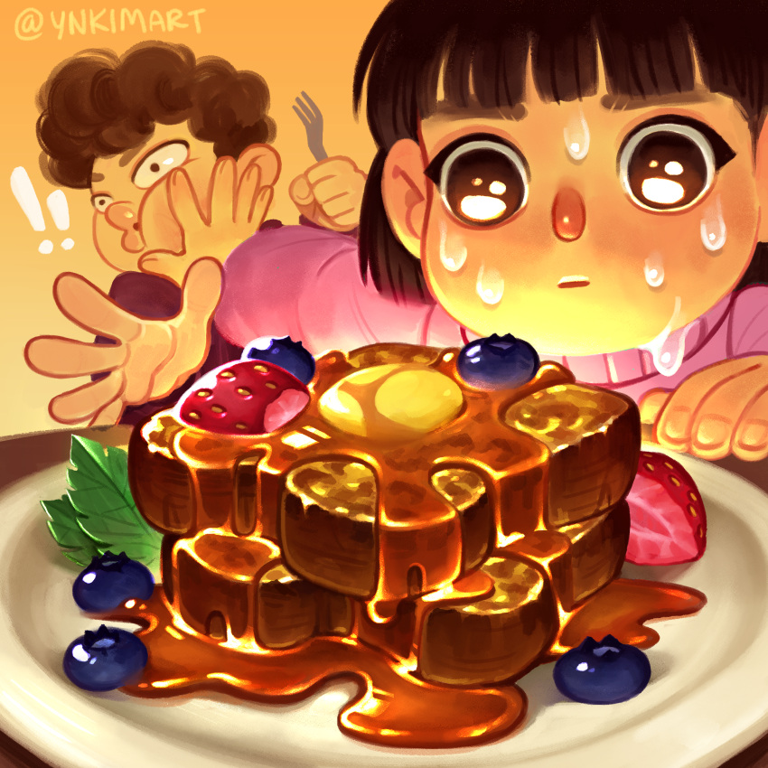 ! !! 1boy 1girl absurdres blueberry bread brown_eyes brown_hair butter commentary curly_hair food fork french_toast fruit highres holding holding_fork nicole_kim_(ynkimart) original plate pushing_away pushing_face strawberry sweat syrup turtleneck twitter_username