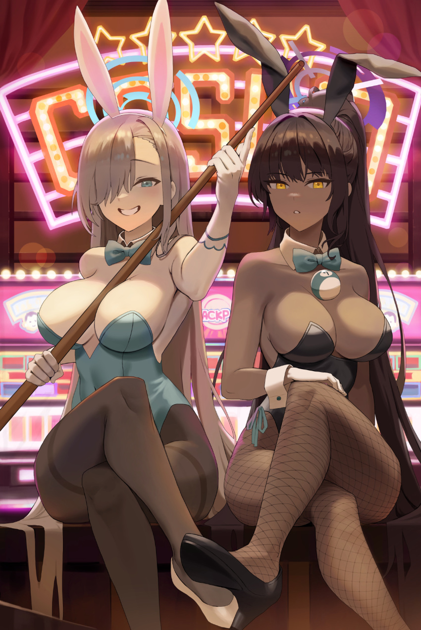 animal_ears aqua_leotard asuna_(blue_archive) asuna_(bunny)_(blue_archive) ball billiard_ball black_footwear black_leotard blue_archive blue_bow blue_bowtie blue_eyes blue_leotard bow bowtie byo_chyo casino dark-skinned_female dark_skin detached_collar fake_animal_ears fishnet_pantyhose fishnets gloves hair_over_one_eye halo high_heels highleg highleg_leotard highres holding_cue_stick karin_(blue_archive) karin_(bunny)_(blue_archive) leotard light_brown_hair official_alternate_costume pantyhose playboy_bunny rabbit_ears strapless strapless_leotard thighband_pantyhose traditional_bowtie white_footwear white_gloves wrist_cuffs yellow_eyes