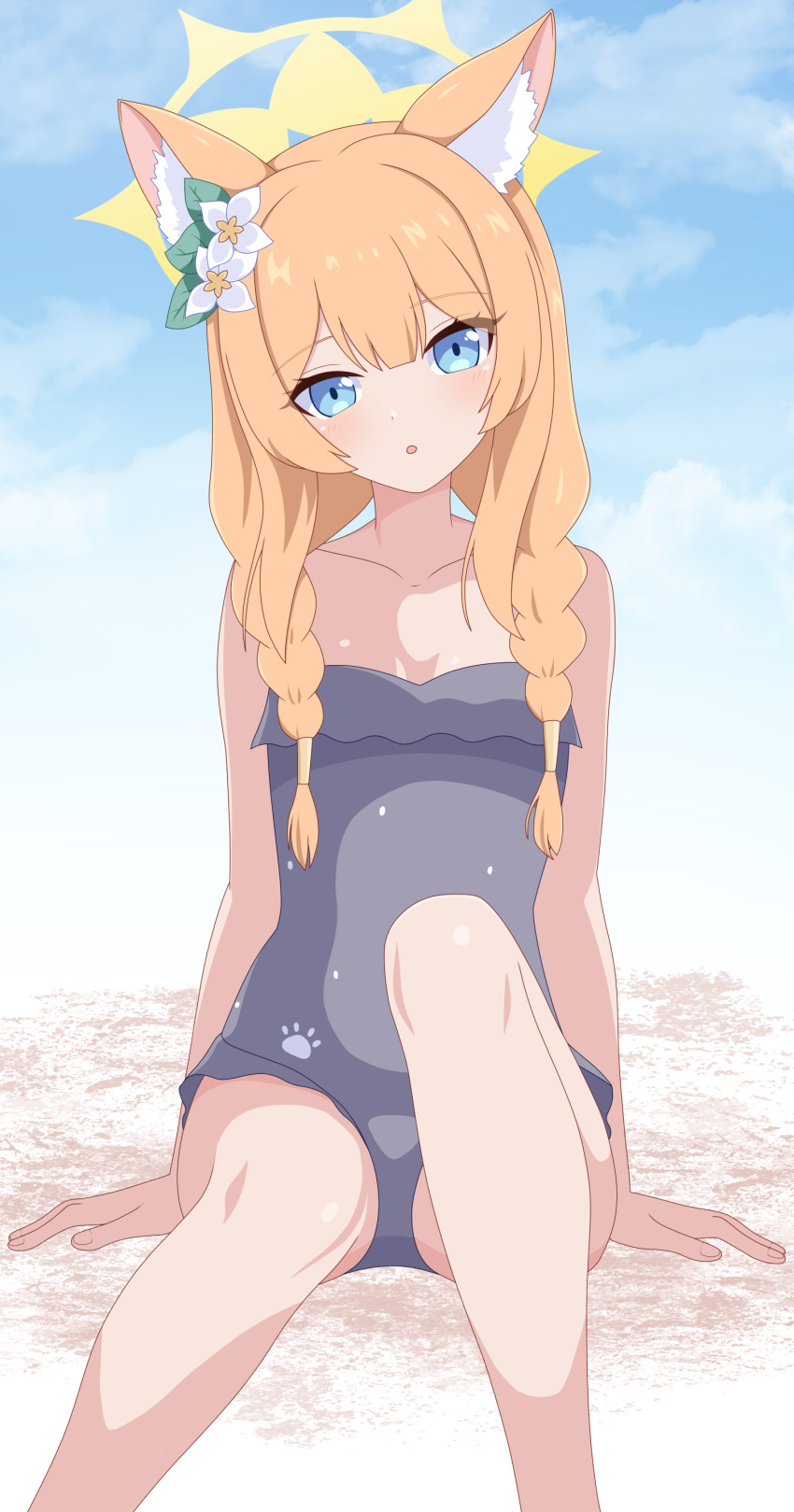 1girl absurdres animal_ear_fluff animal_ears bare_arms bare_shoulders beach blue_archive blue_eyes blue_one-piece_swimsuit blush braid breasts closed_mouth flower frilled_one-piece_swimsuit frills halo highres low_twin_braids mari_(blue_archive) one-piece_swimsuit orange_hair paw_print shoulder_blades sitting swimsuit twin_braids youjinbou_(lizardman730)