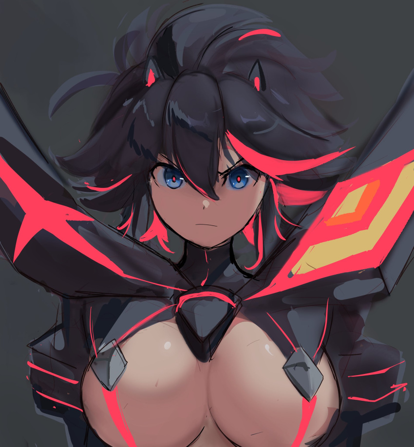 1girl black_hair breasts closed_mouth commentary hair_between_eyes highres kill_la_kill large_breasts looking_at_viewer matoi_ryuuko multicolored_hair rakeemspoon red_pupils revealing_clothes senketsu simple_background sketch solo streaked_hair upper_body v-shaped_eyebrows