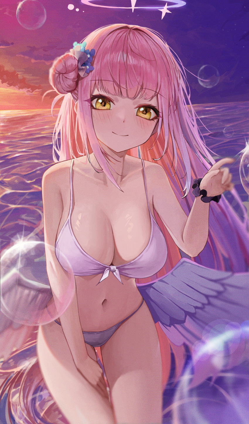 1girl absurdres angel_wings bare_shoulders bikini black_scrunchie blue_archive blue_flower blurry blurry_foreground blush breasts cleavage closed_mouth collarbone feathered_wings flower frilled_ribbon frills front-tie_bikini_top front-tie_top glint hair_bun hair_flower hair_ornament hair_ribbon halo hand_on_own_leg highres hwan_(verypoor) index_finger_raised large_breasts leaning_forward long_hair looking_at_viewer low_wings mika_(blue_archive) navel ocean orange_sky outdoors pink_hair purple_sky ribbon scrunchie single_side_bun sky smile soap_bubbles solo stomach sunset swimsuit thighs very_long_hair white_bikini white_ribbon white_wings wings wrist_scrunchie yellow_eyes