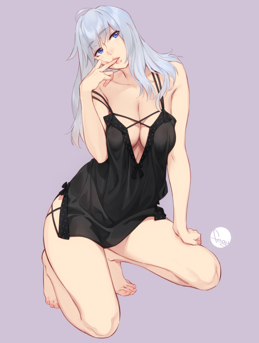 1girl babydoll bare_shoulders barefoot black_babydoll blue_eyes breasts cleavage feguimel finger_in_own_mouth grey_background grey_hair hand_on_own_leg highres karina_(feguimel) kneeling large_breasts lingerie long_hair nipples original signature solo strap_slip toes underwear