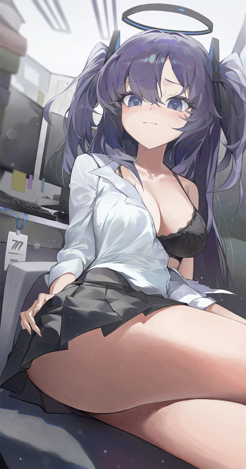 1girl absurdres black_bra black_skirt blue_archive blue_eyes blush book book_stack bra breasts cleavage crossed_legs feet_out_of_frame halo highres indoors keyboard_(computer) long_hair looking_at_viewer medium_breasts miniskirt monitor ninebell pleated_skirt purple_hair shirt single_bare_shoulder sitting skirt solo two_side_up underwear very_long_hair white_shirt yuuka_(blue_archive)