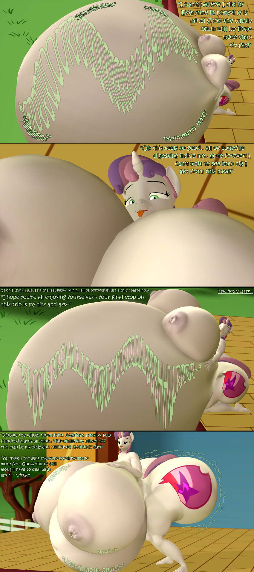 3d_(artwork) absurd_res after_vore aged_up anthro anthro_pred anthrofied belly big_belly big_breasts big_butt breast_expansion breasts butt butt_expansion comic coriponer dialogue digestion digestion_noises digital_media_(artwork) english_text equid equine expansion fatal_vore female female_pred friendship_is_magic hair hasbro hi_res holding_belly horn huge_breasts huge_butt hyper hyper_belly hyper_breasts hyper_butt kneeling looking_at_breasts mammal mass_vore muffled my_little_pony oral_vore outside purple_hair rapid_digestion same_size_vore sloshing_belly sloshing_breasts source_filmmaker sweetie_belle_(mlp) talking_to_prey talking_to_self text third-party_edit time_skip tongue tongue_out unicorn vore white_body