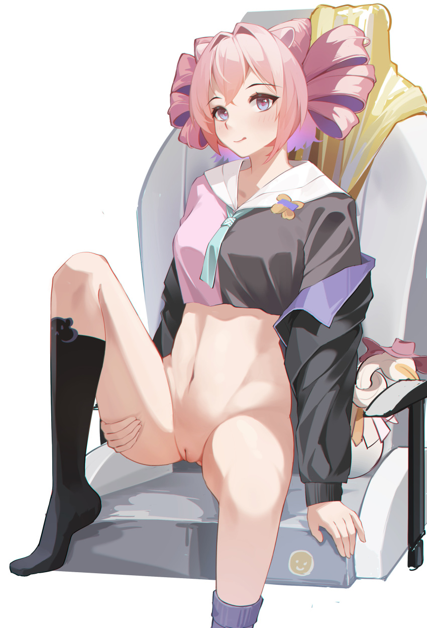 1girl :q absurdres animal_ears aqua_neckerchief arknights black_shirt black_socks blue_eyes bottomless breasts chair closed_mouth crop_top hair_intakes highres knee_up kneehighs leiroken long_sleeves looking_at_viewer medium_breasts navel neckerchief pink_hair pink_shirt pussy sailor_collar shirt short_hair simple_background sitting smile socks solo stomach stuffed_animal stuffed_toy tongue tongue_out two-tone_shirt u-official_(arknights) uncensored white_background white_sailor_collar