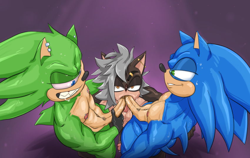 anthro archie_comics balls bodily_fluids double_oral fan_character genital_fluids genitals group hi_res jackofak male male/male nipple_piercing nipples nude oral penis piercing precum pubes scourge_the_hedgehog sega sonic_the_hedgehog sonic_the_hedgehog_(archie) sonic_the_hedgehog_(comics) sonic_the_hedgehog_(series) sweat trio