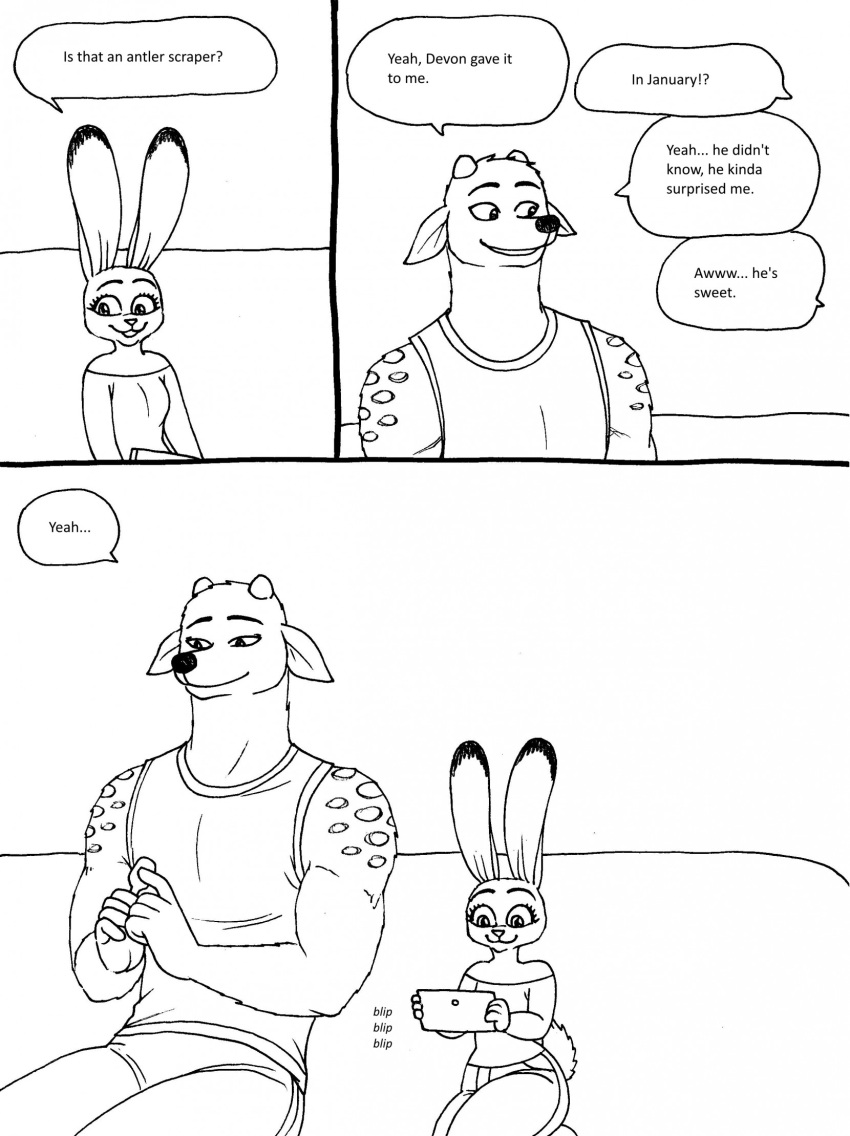 2023 5_fingers anthro bernielover bernielover's_college_au breasts brush cellphone claws clothed clothing comic deer dialogue disney duo english_text female fingers fur hi_res judy_hopps lagomorph leporid male mammal monochrome phone rabbit shirt smartphone smile speech_bubble tank_top text topwear whitney_(bernielover) zootopia