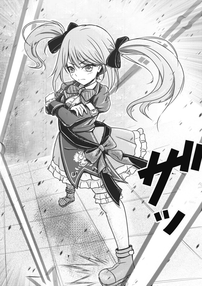 1girl ankle_boots arm_belt assault_lily boots bow bowtie breasts buttons closed_mouth collared_shirt commentary_request crossed_arms debris diagonal-striped_bowtie emblem floating_hair frilled_skirt frilled_sleeves frilled_thighhighs frills full_body greyscale hair_between_eyes hair_ribbon hands_up highres indoors jacket juliet_sleeves legs_apart light_blush long_hair long_sleeves looking_away miniskirt monochrome official_alternate_costume pleated_skirt puffy_sleeves ribbon sadamori_himeka sash shirt shoulder_sash skirt solo standing thighhighs tile_floor tiles v-shaped_eyebrows yajiuma_no_jesse