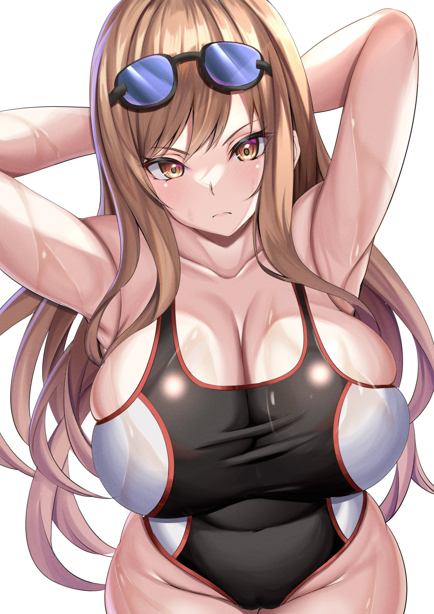 1girl absurdres armpits arms_behind_head black_one-piece_swimsuit breasts bursting_breasts cleavage closed_mouth covered_navel full_body goddess_of_victory:_nikke groin highres large_breasts light_brown_hair long_hair one-piece_swimsuit orange_eyes parapetto rapi_(nikke) skindentation solo standing swimsuit thighs