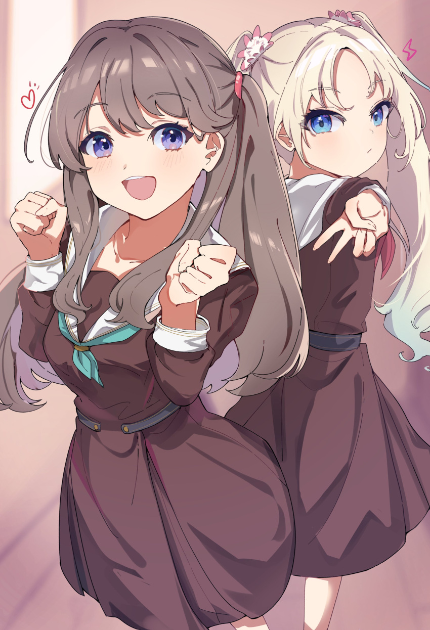 2girls :d absurdres back-to-back blonde_hair blue_eyes blush brown_dress brown_hair clenched_hands closed_mouth dot_nose double-parted_bangs dress feet_out_of_frame forehead fujishima_megumi gyaru_v hands_up heart highres lightning_bolt_symbol link!_like!_love_live! long_bangs long_hair long_sleeves love_live! multiple_girls one_side_up ooho0216 open_mouth osawa_rurino purple_eyes raised_eyebrows sailor_collar sailor_dress school_uniform sidelocks smile teeth upper_teeth_only v white_sailor_collar
