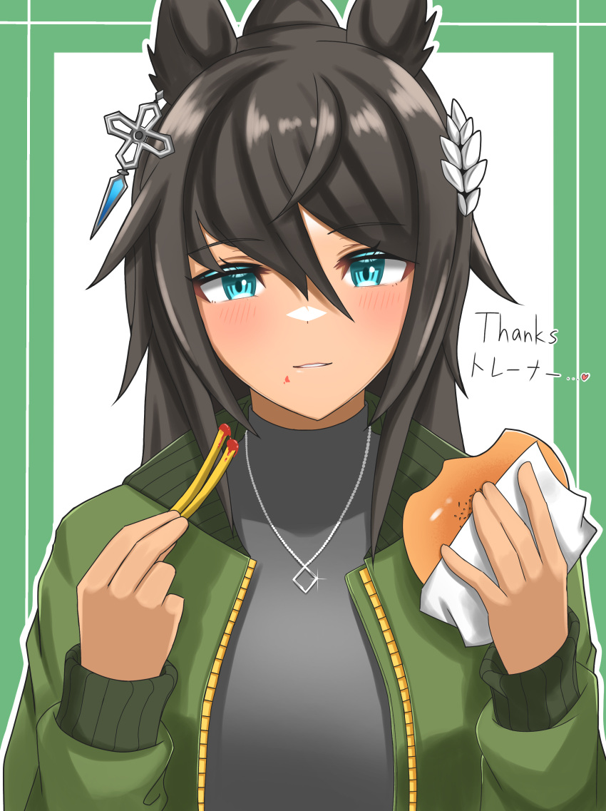 1girl absurdres animal_ears aqua_eyes black_hair black_sweater blush border burger commentary earrings english_text food french_fries green_border green_jacket haruun520 highres holding holding_food horse_ears horse_girl jacket jewelry ketchup long_hair looking_at_viewer necklace ponytail simple_background single_earring smile solo sweater sweater_under_jacket symboli_kris_s_(umamusume) translation_request umamusume upper_body white_background
