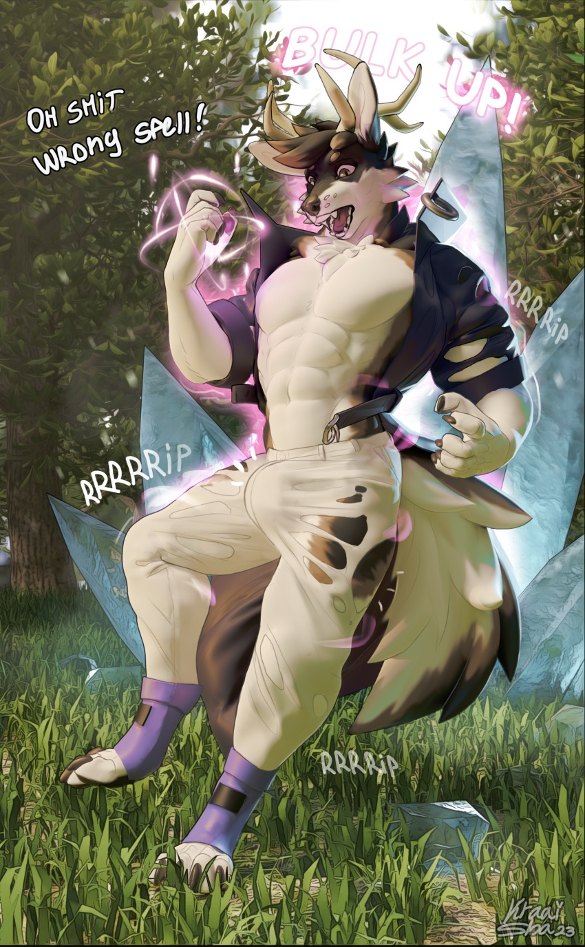 abs absurd_res anthro antlers belly bottomwear bulge canid canine chest_tuft claws clothed clothing coat deer dialogue digitigrade forest fur genital_growth glowing grass growth hi_res horn hybrid kraaisha magic magic_user male mammal markings muscle_growth muscular muscular_male outside pants partially_clothed penis_growth plant solo surprise teeth topwear torn_bottomwear torn_clothing torn_pants tree tuft white_belly