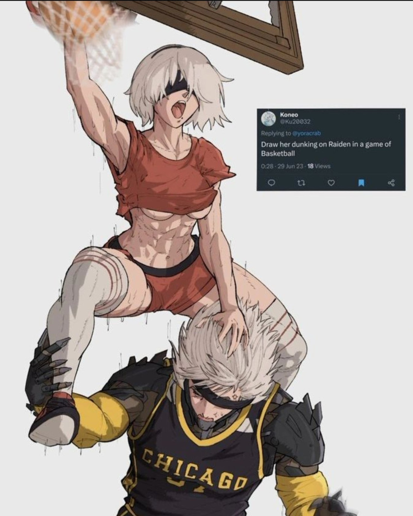 1boy 1girl 2b_(nier:automata) armor armpits ball basketball_(object) basketball_hoop basketball_uniform black_blindfold black_footwear blindfold breasts clothes_lift elbow_sleeve hair_over_one_eye hairband hand_on_another's_head highres medium_breasts meme motion_blur muscular muscular_female muscular_male navel one_eye_covered pauldrons raiden_(metal_gear) red_shorts shirt_lift short_hair short_shorts short_sleeves shorts shoulder_armor shouting simple_background spiked_hair sportswear stomach thighhighs twitter underboob upper_body venom_dunking_on_spider-man_(meme) white_background white_hair white_thighhighs wind yoracrab