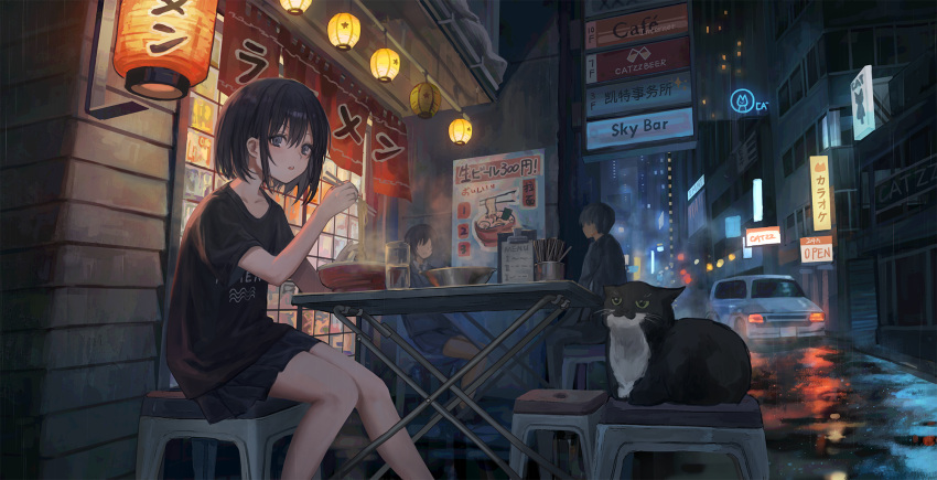 1boy 1other 2girls animal black_eyes black_hair blush bowl building car cat catzz chopsticks city city_lights cityscape commentary_request food highres holding holding_chopsticks lantern looking_at_viewer miniskirt motor_vehicle multiple_girls night noodles original rain ramen scenery shirt skirt steam t-shirt table